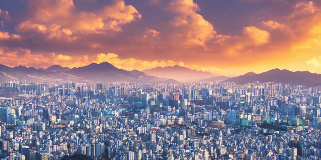 Image similar to Seoul city view, high rises with snow-capped mountains in the background, photograph, photorealism, atmospheric light, clouds, sunset time