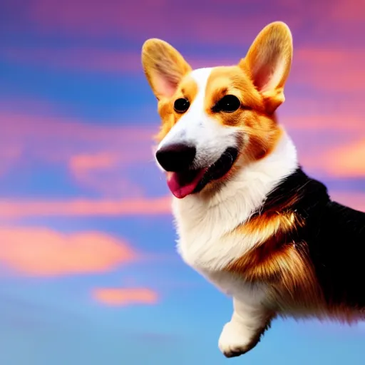 Prompt: corgi attaining [ angelic wings ], [ flying like a superhero ] in the [ night sky ]!! where the stars are visibly perceptible, [ realistic photo ]!!, [ 4 k photorealism ]!!, trending on unsplash