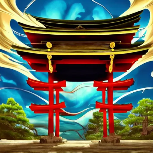 Image similar to infinite majestic shinto shrine portal, dark gate, magic door, pyromancer mage : : 1 full of colorpalette rippled layers, clouds, vines, swirls, curves, ultra fine detail, swirling clouds, artstation trending, art nouveau, raytracing, highly detailed, magic art nouveau rococo architecture