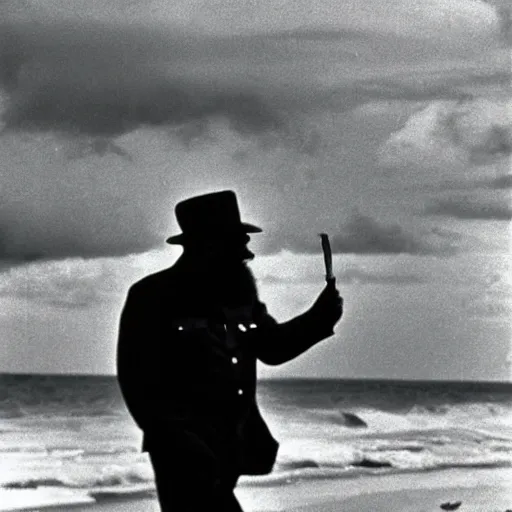 Image similar to a stunning photograph of Fidel Castro smoking a cigar and walking in the beach. There is a storm in the background. 1960s color photography. Award winning.