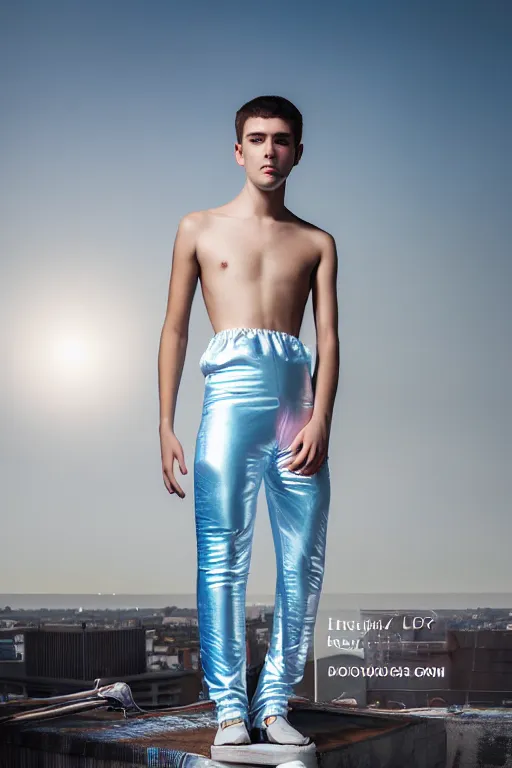 Image similar to un ultra high definition studio quality photographic art portrait of a young man standing on the rooftop of a british apartment building wearing soft baggy inflatable padded silver iridescent pearlescent clothing. three point light. extremely detailed. golden ratio, ray tracing, volumetric light, shallow depth of field. set dressed.