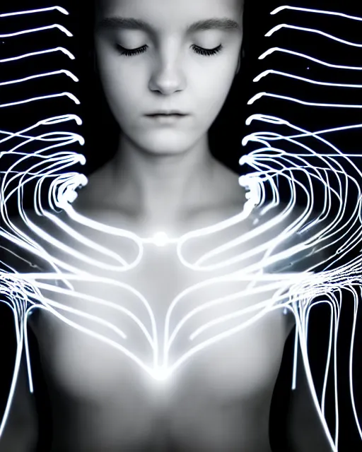 Image similar to black and white dreamy spiritual connected young female cyborg high quality photo, microchip, artificial intelligence, bio - mechanical bio - luminescence, black wired cables, neurons, nerve cells, cinematic, rim light, photo - realistic, elegant, high detail, 8 k, masterpiece, high fashion