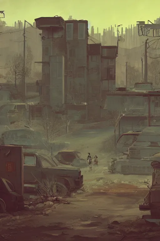 Prompt: View from a post-apocalyptic street, inspired by Simon Stalenhag