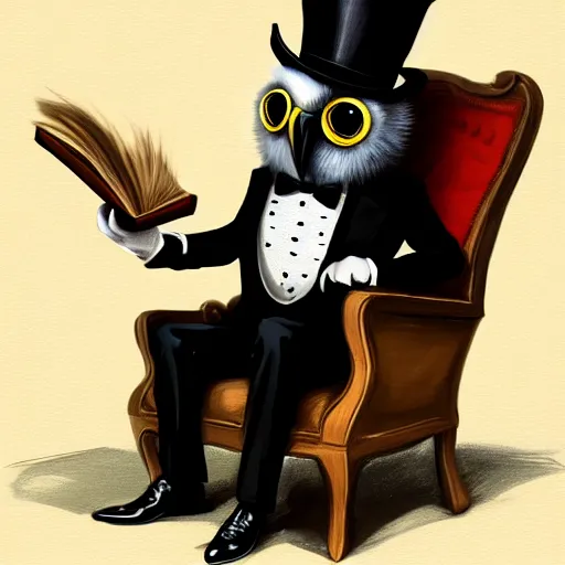 Image similar to a well-dressed owl wearing a monocle and a top hat, sitting in an armchair and reading a book, digital painting, concept art, trending on artstation, highly detailed