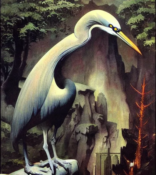 Prompt: the shrine of the heron by Frank Frazetta, trending on tumblr, HD, detailed, cubism, monochrome, realism, painting