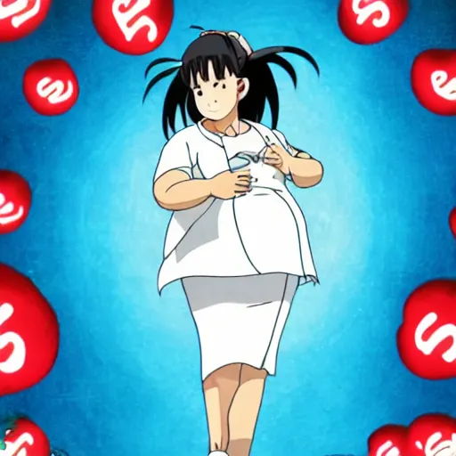 Image similar to yo mama is so fat when she skips a meal the stock market drops, anime, ghibli style dreamlike background