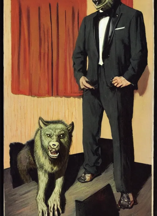 Image similar to full body and head portrait of a huge werewolf in a tuxedo in a dark and dingy dystopian apartment lit by green light, painted by norman rockwell and tom lovell and everett raymond kinstler