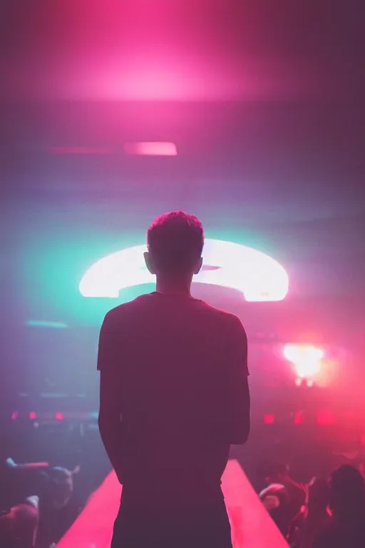 Image similar to agfa vista 4 0 0 photograph of a skinny guy in a rave club, futuristic, synth vibe, vaporwave colors, lens flare, flower crown, back view, moody lighting, moody vibe, telephoto, 9 0 s vibe, blurry background, grain, tranquil, calm, faded!,