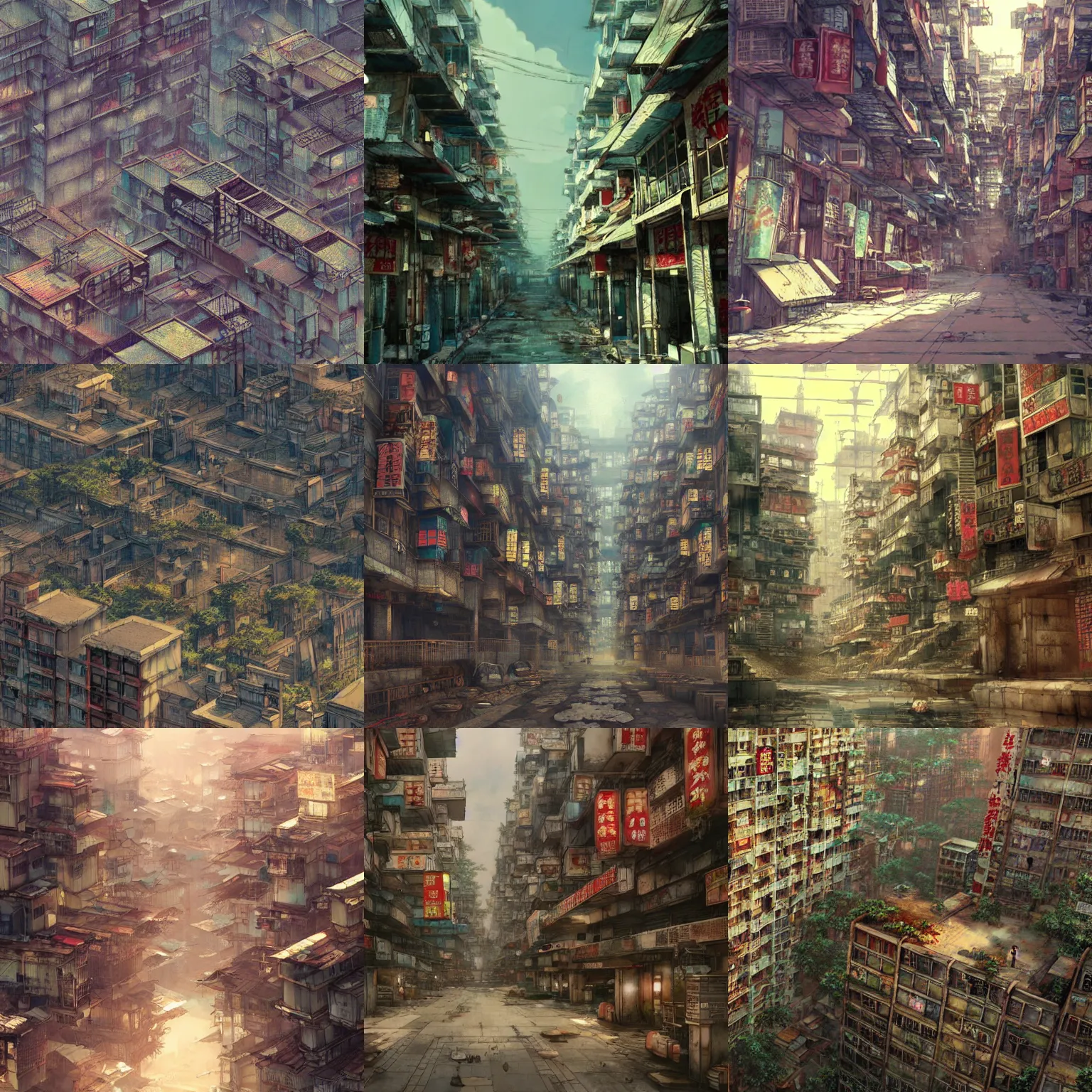 Prompt: Kowloon Walled City, Makoto Shinkai, anime, trending on ArtStation, digital art