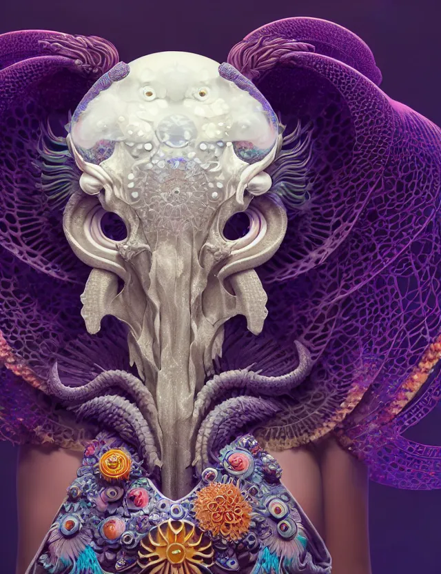 Image similar to 3 d goddess close - up profile solarpunk portrait ram skull. beautiful intricately detailed japanese crow kitsune mask and clasical japanese kimono. betta fish, jellyfish phoenix, bio luminescent, plasma, ice, water, wind, creature, artwork by tooth wu and wlop and beeple and greg rutkowski