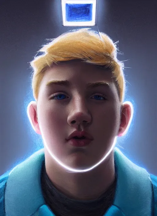 Image similar to portrait of high school senior boy named big moose, blonde short hair, jock, beefy, wide face, square jaw, square facial structure, blue varsity jacket with letter r, intricate, elegant, glowing lights, highly detailed, digital painting, artstation, concept art, sharp focus, illustration, art by wlop, mars ravelo and greg rutkowski