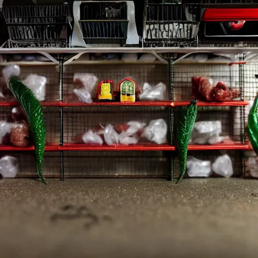 Image similar to garage with carnivorous plants on the shelves and packing peanuts on the floor, scene from tv show hyper detailed 5 5 mm 8 5 mm, low - light photography by tyler williams, made out of plastic