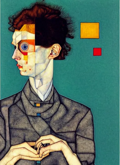 Image similar to creative coder with a computer in geometric harmony, by egon schiele and quint buchholz, portrait, colorful, escher, detail