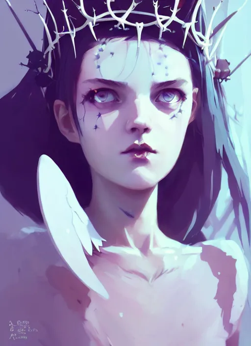 Prompt: portrait of cute goth angel maiden girl with crown of thorns and white short hairs, warhammer, cyberpunk, by atey ghailan, by greg rutkowski, by greg tocchini, by james gilleard, by joe gb fenton, by kaethe butcher, dynamic lighting, gradient light blue, brown, blonde cream and white color in scheme, grunge aesthetic