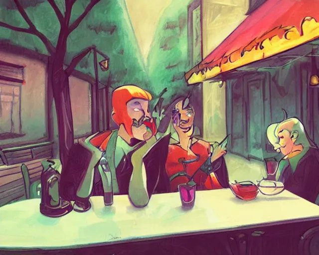 Prompt: a couple of people sitting at a table outside of a restaurant, concept art by hanna - barbera, deviantart contest winner, magic realism, 2 d game art, wiccan, official art