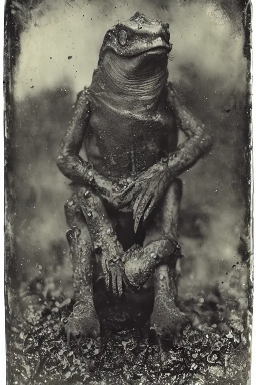 Prompt: a wet plate photo of an anthropomorphic newt king