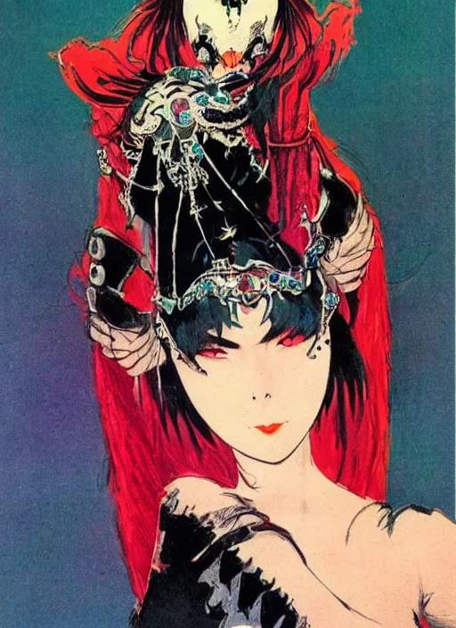 Image similar to mighty female korean vampiress, jeweled headdress, heavy mascara, strong line, saturated color, beautiful! coherent! by frank frazetta, high contrast, minimalism