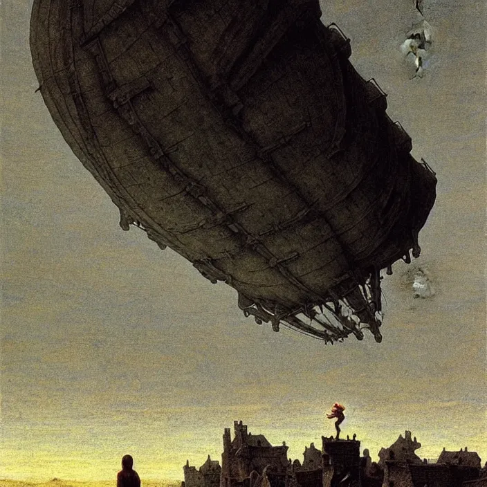 Prompt: Medieval village on the plains, a villager looking up. The sky is completely covered to the horizon by an incredibly enormous colossal oversized massive airship-like ship. Extremely high detail, realistic, medieval fantasy art, black sky, masterpiece, art by Zdzisław Beksiński, Boris Vallejo, Arthur Rackham