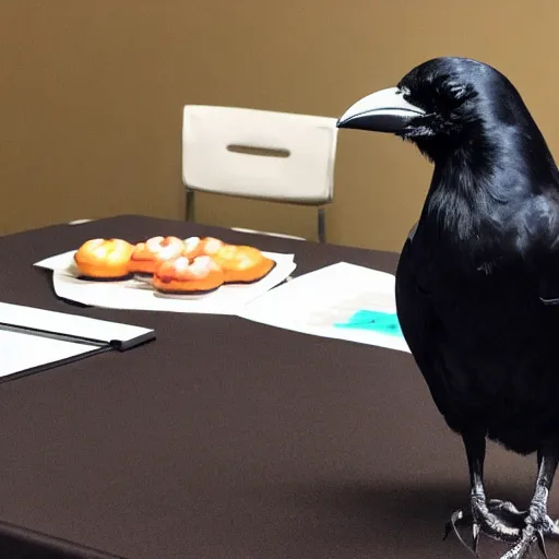 Prompt: crow is upset that he came to this business meeting in a suit, but there were not even free donuts.