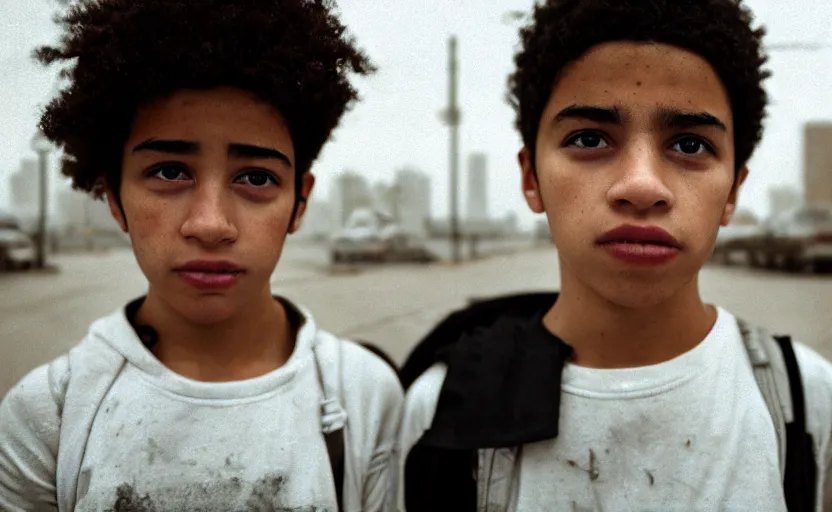 Image similar to cinestill 5 0 d candid photographic portrait by helen levitt of a mixed teen wearing rugged black mesh techwear, modern cyberpunk moody emotional cinematic, white pale concrete city, dust storm, 8 k, hd, high resolution, 3 5 mm, f / 3 2, ultra realistic faces, ex machina