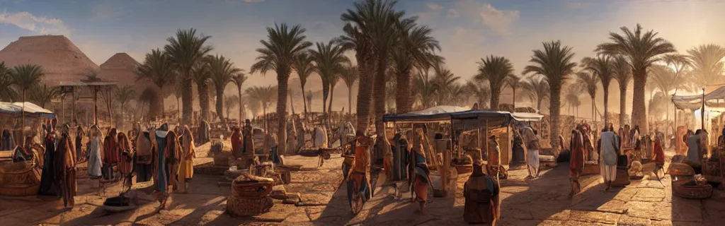 Prompt: a busy marketplace in ancient egypt. 8 k, epic cinematic hyperrealism masterpiece. realistic poster with shaded lighting by craig mallismo, artgerm, jeremy lipkin and michael garmash, unreal engine, radiant light, detailed and complex environment, digital art, art station trends, detailed, lens flare, motion blur