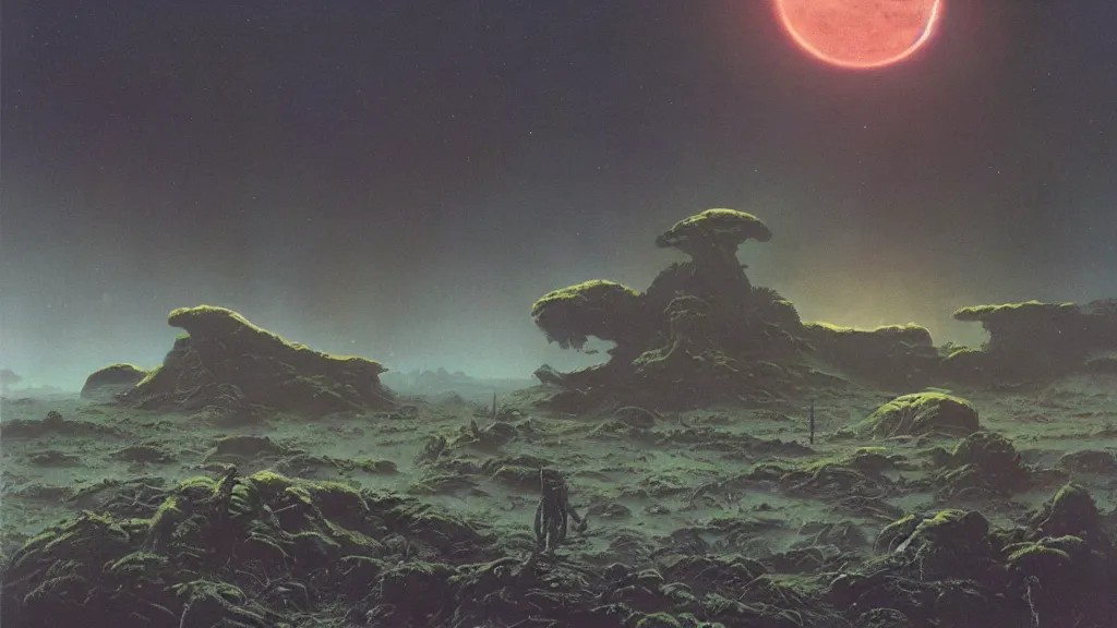 Image similar to eerie atmospheric alien planet with sinister landscape by angus mckie and bob eggleton and chris moore, epic cinematic matte painting