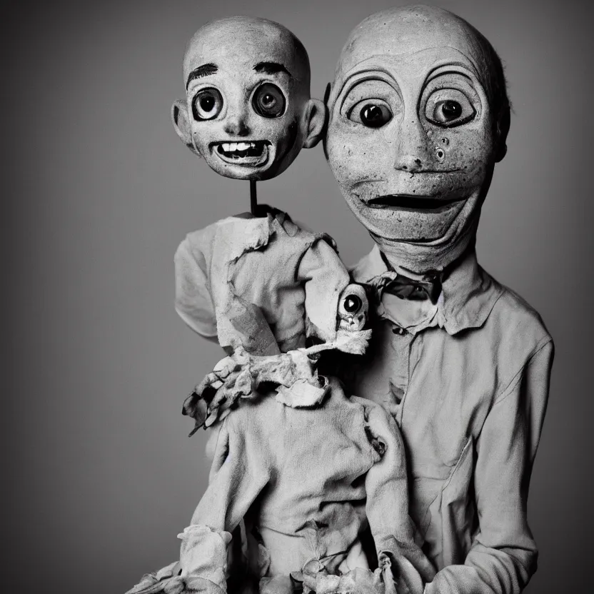 Image similar to creepy ventriloquist dummy in the style of roger ballen, 4 k, bw, portrait