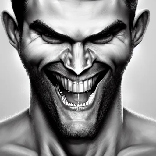 Prompt: x-ray scan of Beautiful face of very manly Gigachad with very big jaws, big eyebrows, smile like trollface jaw tilted on side, painting on grey scale face, powerful , magic, thunders, dramatic lighting, intricate, wild, highly detailed, digital painting, artstation, concept art, smooth, sharp focus, illustration, art by artgerm and greg rutkowski and alphonse mucha, footage