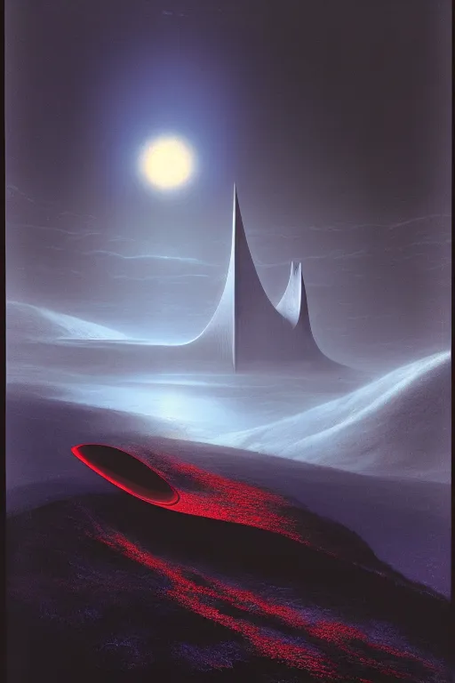 Prompt: emissary mountain space by arthur haas and bruce pennington and john schoenherr, cinematic matte painting, zaha hadid building, red lights, photo realism, dark monochrome color palate, rule of thirds