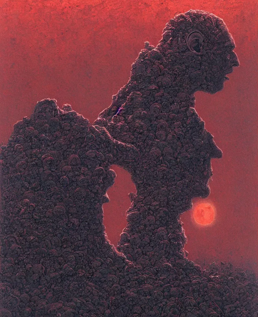 Image similar to moon made from thousands of rotten demonic bloody corpses of Nicolas Cage, body horror, flesh, blood, grotesque hell, highly detailed, red lightning, artstation, art by zdislav beksinski, wayne barlowe, phil hale