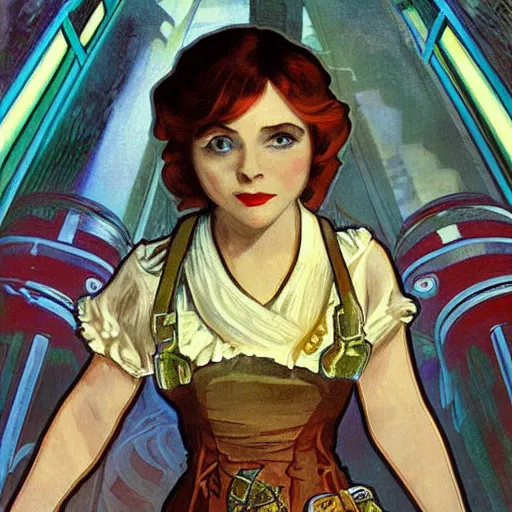 Image similar to realistic little sister of bioshock painted by alfons mucha sharp focus