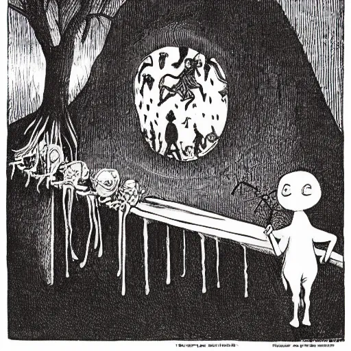 Prompt: limbo, hades, underworld,, by maurice sendak, by edward gorey, by charles addams