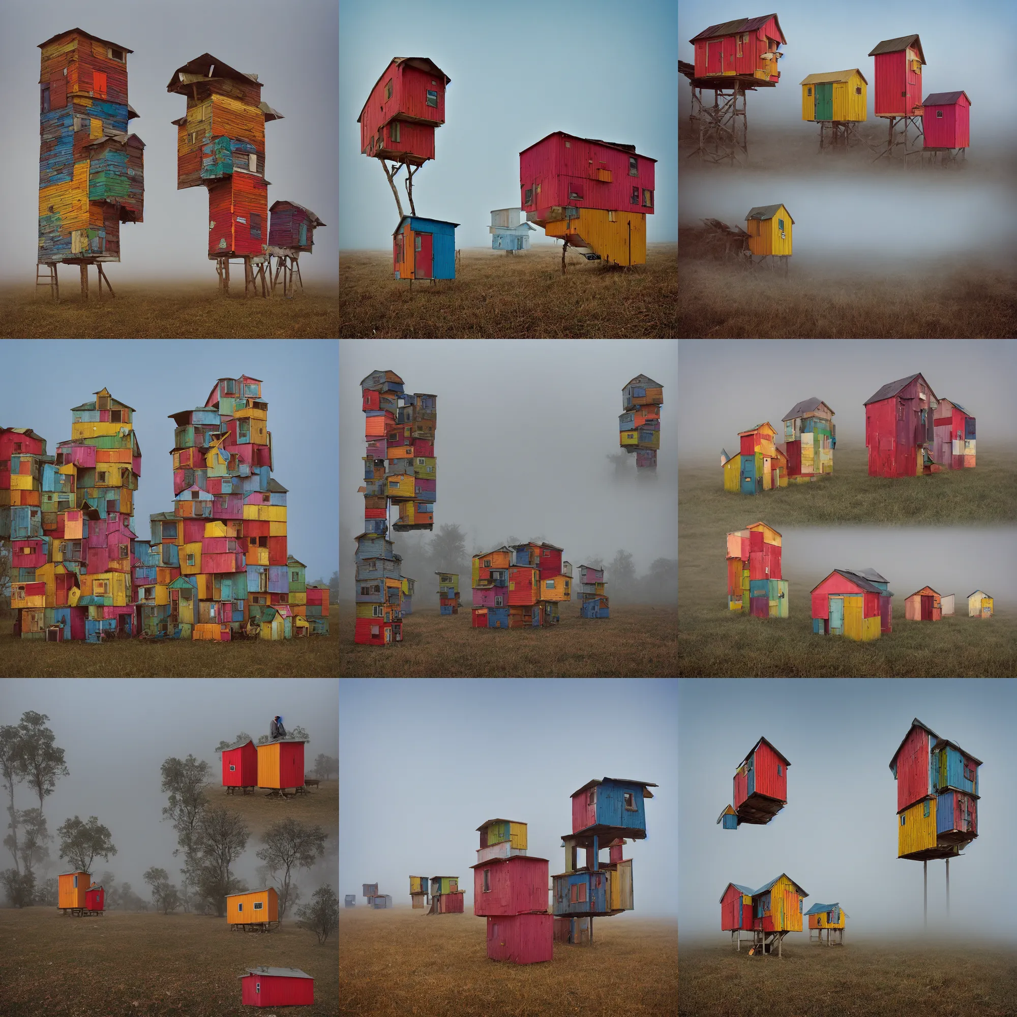 Prompt: high towers, made up of colourful stacked makeshift squatter shacks, low saturation, plain uniform sky at the back, uneven fog, mamiya, ultra sharp, very detailed, photographed by julie blackmon