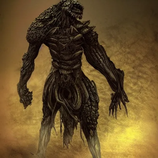 Image similar to elden ring, dark souls, humanoid turtle monster, photorealistic, grimdark, gruesome, full height, front and side view