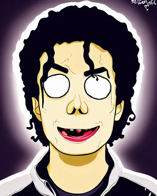 Image similar to portrait of michael jackson in the style of justin roiland. cinematic lighting. style of rick & morty. photographic, photography. by justin roiland