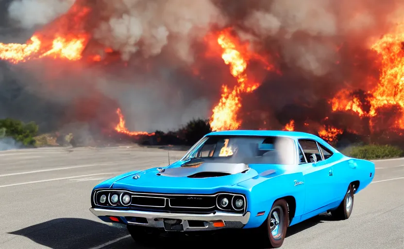 Image similar to a blue 1 9 7 0 plymouth road runner superbird driving high speed, fire explosion in the background, action scen. low camera realistic. high resolution. dramatic