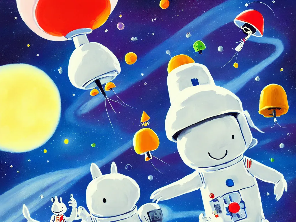 Image similar to moomins in space suits flying around with jetpacks discovering the mushroom planet, looking cute, photorealistic painting, movie still, warm colors, fluffy, cozy, low light, trending on artstation