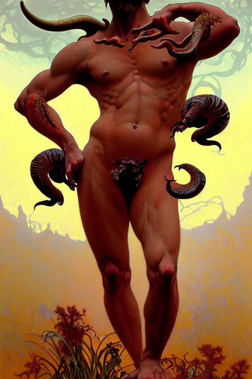 Image similar to portrait of a beautiful young fit male demon with ram horns, scaly torso and goat legs, hellish scene, by greg rutkowski and alphonse mucha, d & d character, gradient red to yellow, in front of an hellish landscape background, highly detailed portrait, digital painting, artstation, concept art, smooth, sharp focus ilustration, artstation hq