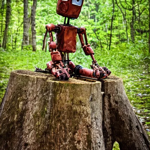 Prompt: rusty robot with a human arm, sitting on a stump in the forest, high quality photo, sigma 5 5 mm