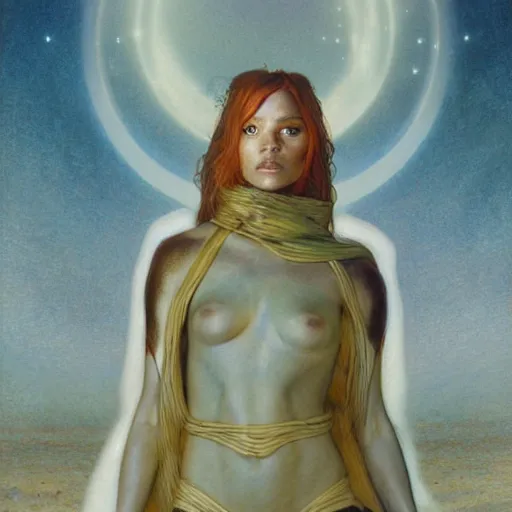 Image similar to masterpiece full body portrait of a beautiful Fremen woman on Dune, by Edgar Maxence and Ross Tran and Michael Whelan and Gustav Klimpt
