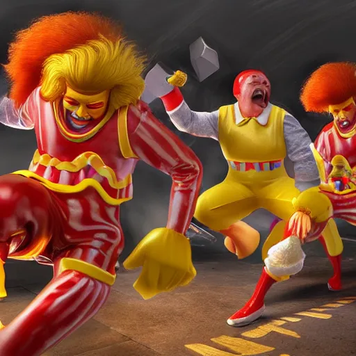 Prompt: Hyperrealistic ultradetailed digital art of Ronald McDonald and the Burger King fighting , realistic, detailed lighting, cinematic, trending on artstation and 500px and behance