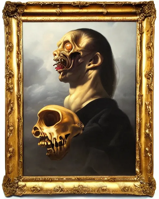 Image similar to refined gorgeous blended oil painting with black background by christian rex van minnen rachel ruysch dali todd schorr of a chiaroscuro portrait of an extremely bizarre disturbing mutated man with shiny skin acne dutch golden age vanitas intense chiaroscuro cast shadows obscuring features dramatic lighting perfect composition masterpiece