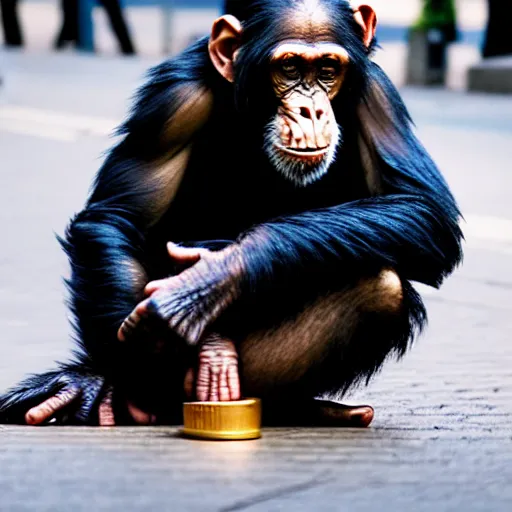 Image similar to a chimpanzee picking up pennies on a street in manhattan, depth of field, breathtaking, detailed and intricate environment, 8 k resolution, hyperrealistic