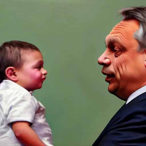 Prompt: viktor orban playing with a small child, oil painting