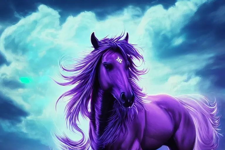 Prompt: a stunning horse with bioluminescent mane and tail running in the clouds by sandra chevrier and greg rutkowski, purple blue color scheme, celtic neon runes, vaporware, retro, outrun, high key lighting, volumetric light, digital art, highly detailed, fine detail, intricate, ornate, complex, octane render, unreal engine, photorealistic