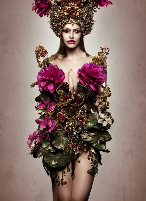 Image similar to full body environmental portrait photo of a female model, ornate headpiece made from flowers, ornaments, glamour shot by gemmy woud - binnendijk, chris knight, photorealistic, canon r 3, fashion photography, ornate, symmetrical features, octane render, unreal engine, solid dark background, clamp shell lighting, rim lighting