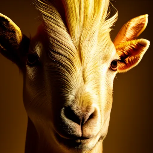 Image similar to portrait of a golden goat, beautiful portrait, studio lighting, 4 k, masterpiece cannon, boka