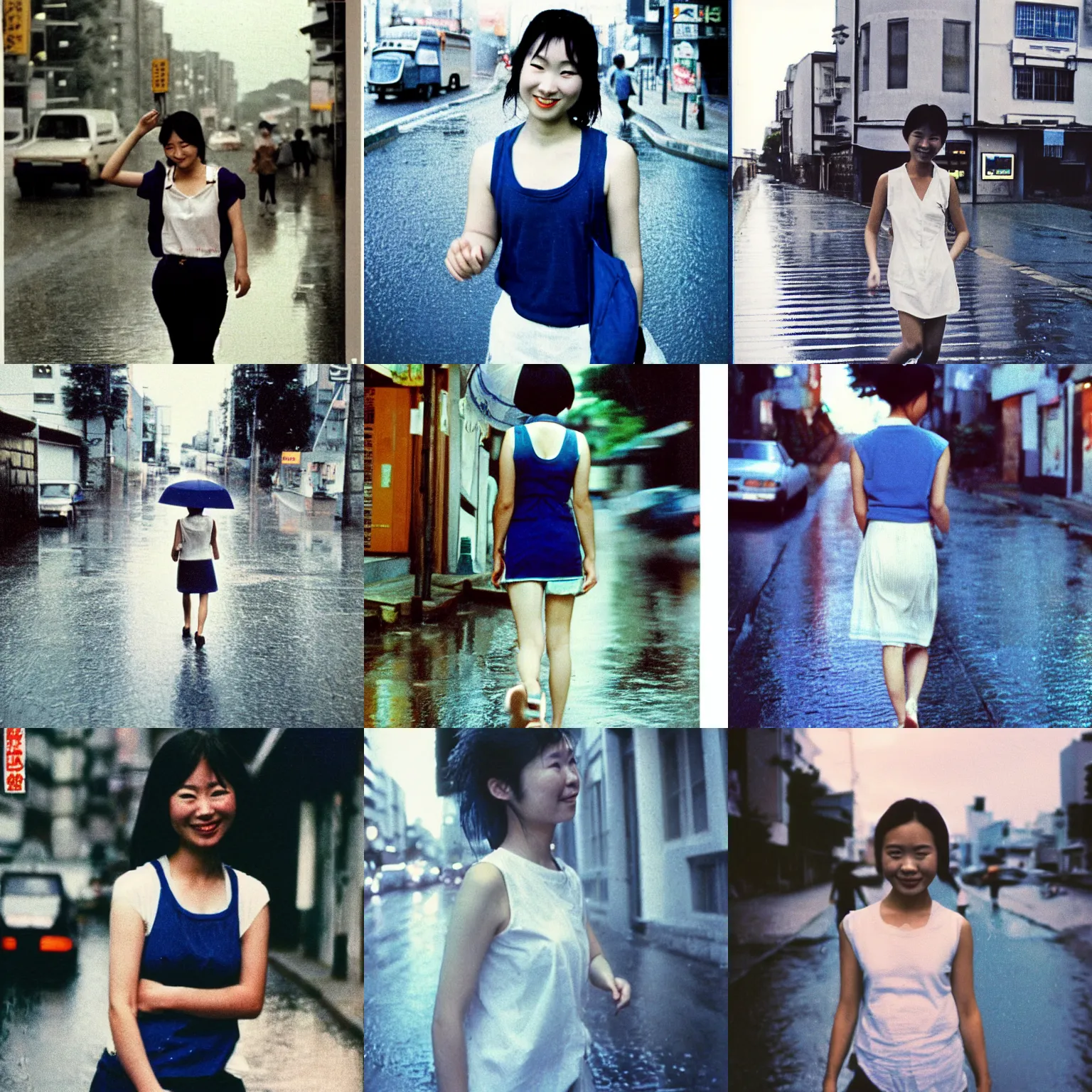 Prompt: A middle-shot from front, blue color photograph portrait of a smiling young Japanese woman in sleeveless white shirt is walking on the rainy street, cool twilight, 1990 photo from Japanese photograph Magazine.