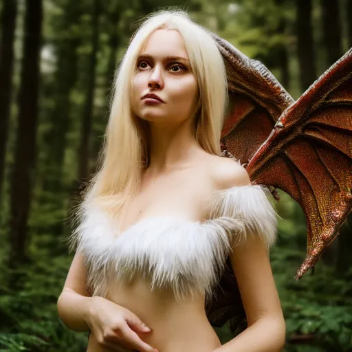 Image similar to very pretty blond dragon girl with huge dragon wings in a dark forest, perfect symmetrical face, shallow depth of field, moody lighting, single point of light, 8 k, ultra realistic, in the style of martina fackova,