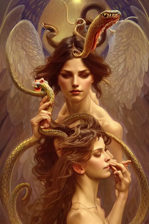 Image similar to group of angels dancing with snakes, fantasy, amber eyes, face, long hair, intricate, elegant, highly detailed, digital painting, artstation, concept art, smooth, sharp focus, illustration, art by artgerm and greg rutkowski and alphonse mucha